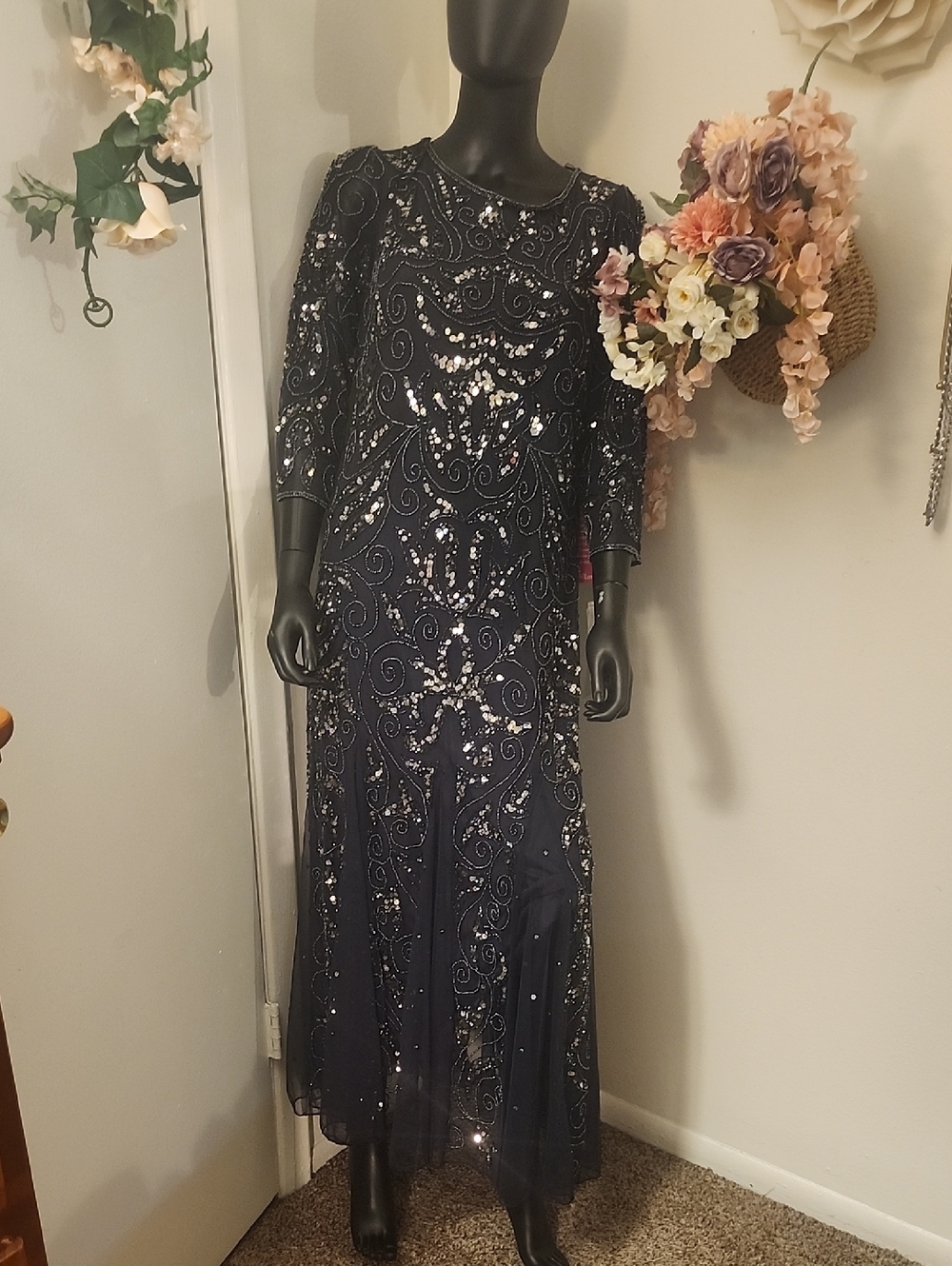 Pisarro Nights Navy Blue Sequin Beaded Maxi Dress